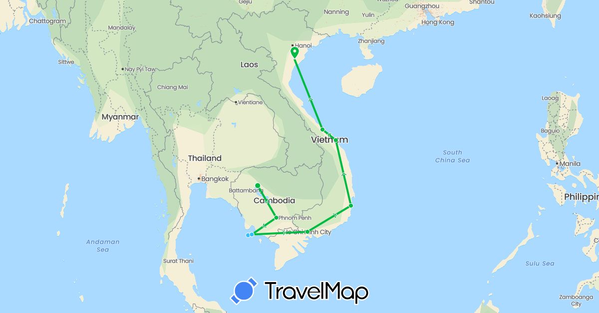 TravelMap itinerary: driving, bus, boat in Cambodia, Vietnam (Asia)
